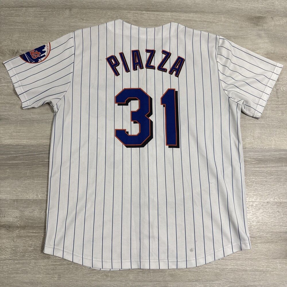 Mike Piazza Jersey Men’s Large New York Mets White Blue Pinstripe 31 Baseball